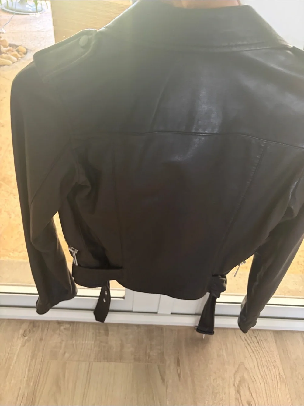 All Saints Black Leather Biker Jacket with Belted Hem